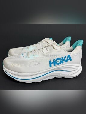 Size 14 2E WIDE - Hoka One One Clifton 10 White Skyward Blue Shoes BARELY WORN